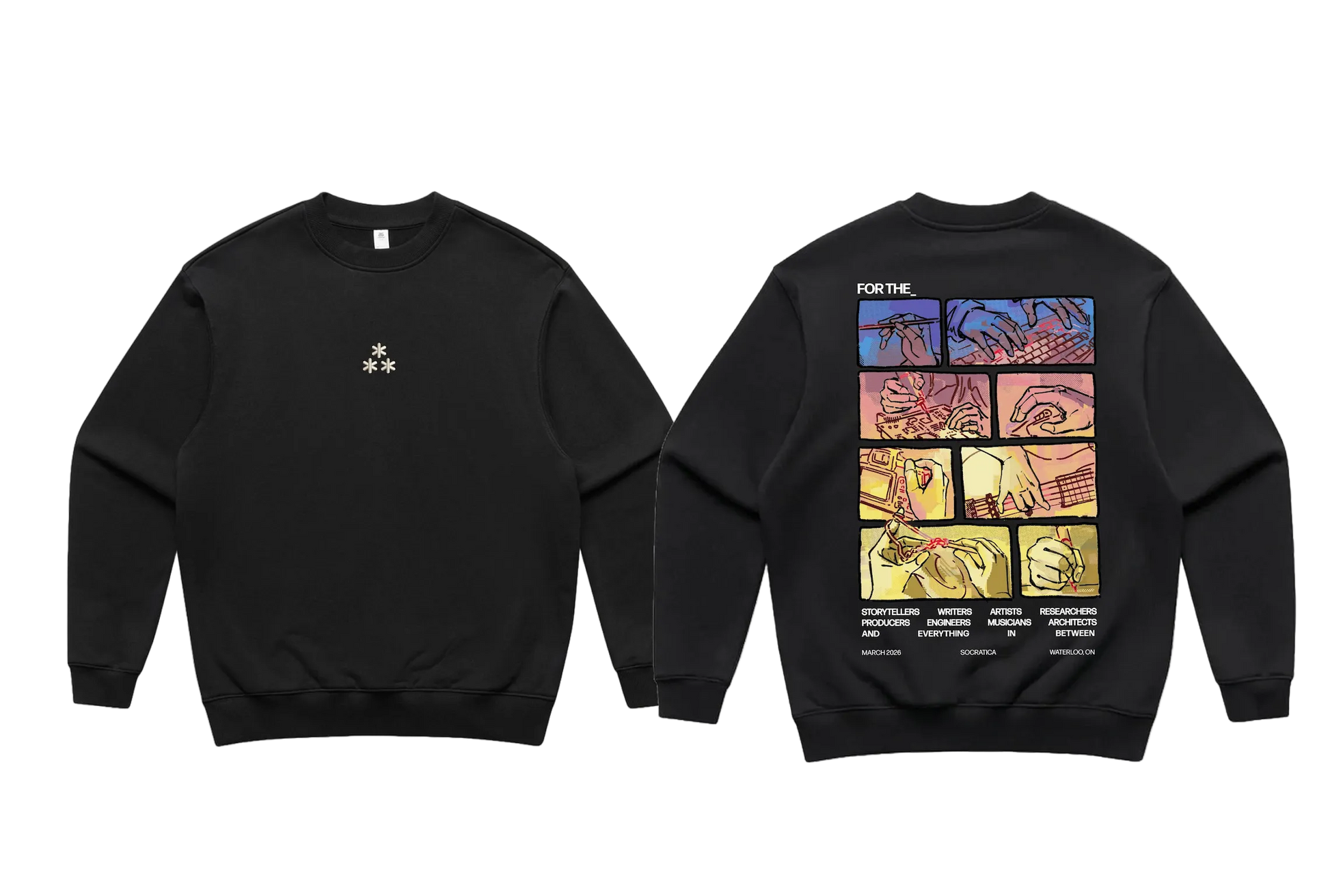 Black crewneck with front and back designs