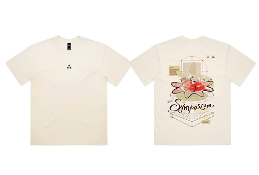 Two white t-shirts with graphic designs